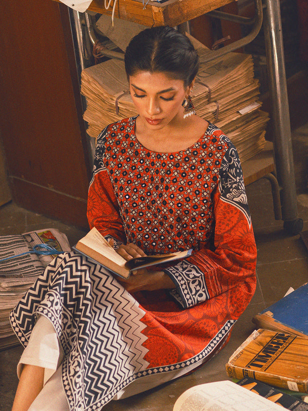 1Pc Embroidered Pret Kurti Lawn Rust - OWEKT-2302025