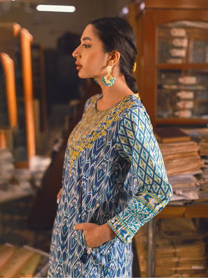 1Pc Embroidered Pret Kurti Lawn Blue - OWEKT-2302030