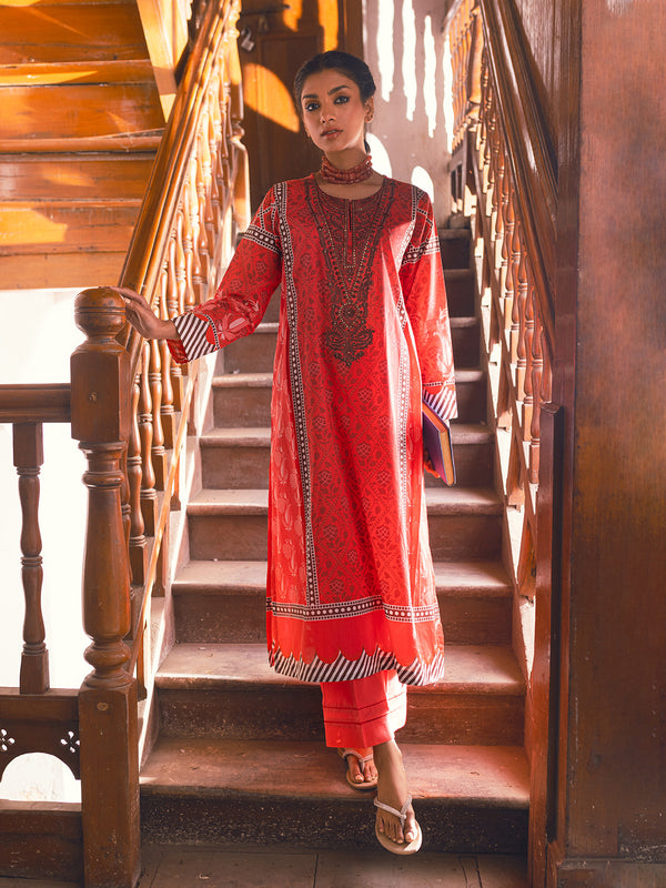 1Pc Embroidered Pret Kurti Lawn Red - OWEKT-2302040