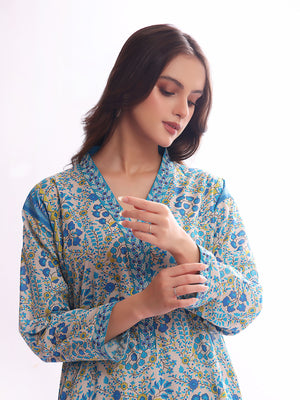 1Pc Embroidered Pret Kurti Lawn White & Blue - OWEKT-2304030