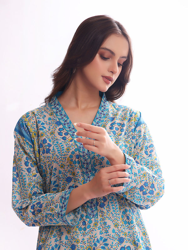 1Pc Embroidered Pret Kurti Lawn White & Blue - OWEKT-2304030