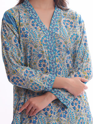 1Pc Embroidered Pret Kurti Lawn White & Blue - OWEKT-2304030