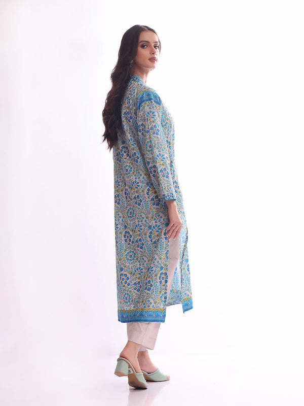 1Pc Embroidered Pret Kurti Lawn White & Blue - OWEKT-2304030