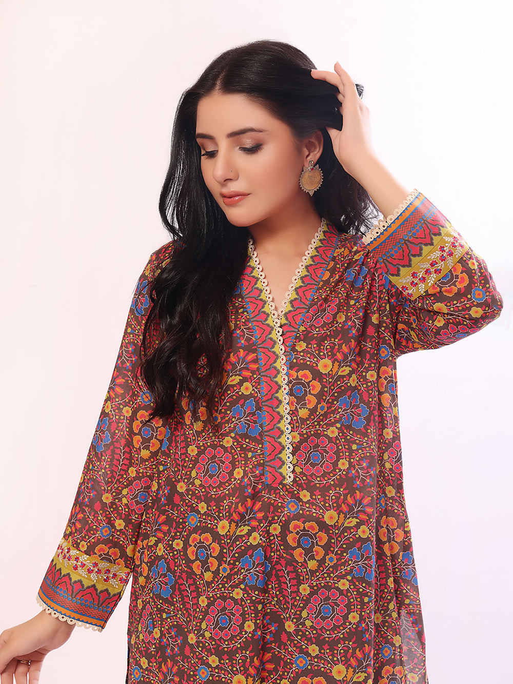 1Pc Embroidered Pret Kurti Lawn Brown - OWEKT-2304038