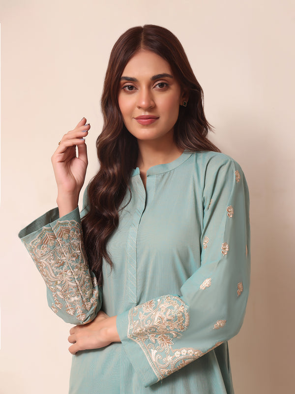 1Pc Embroidered Pret Kurti Yarn Dyed Green - OWEKTG-2306011