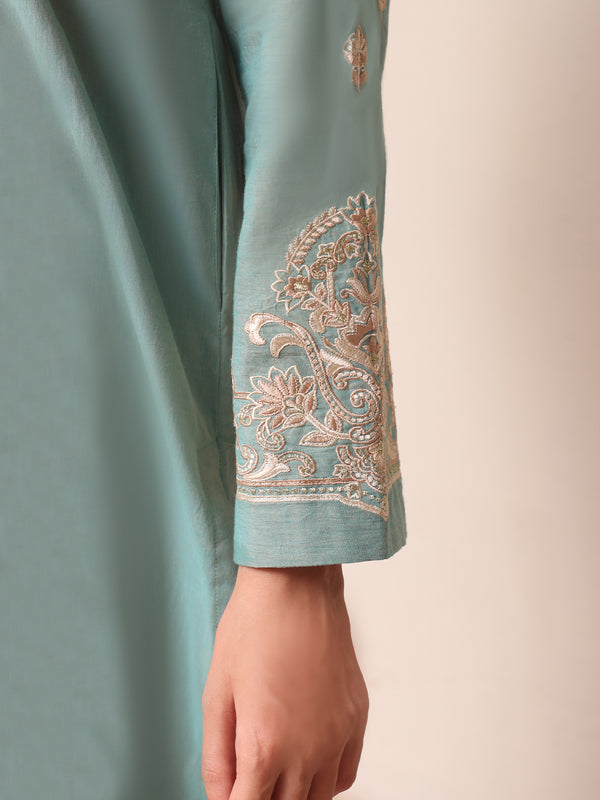 1Pc Embroidered Pret Kurti Yarn Dyed Green - OWEKTG-2306011