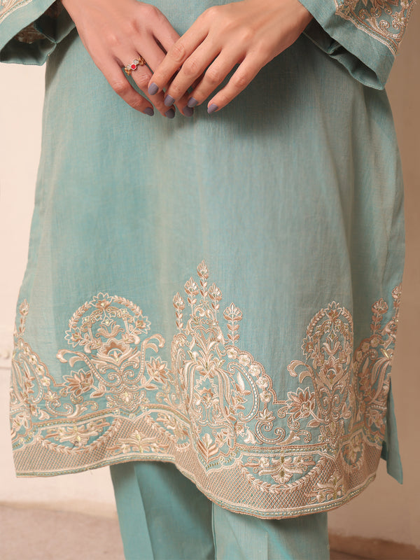 1Pc Embroidered Pret Kurti Yarn Dyed Green - OWEKTG-2306011