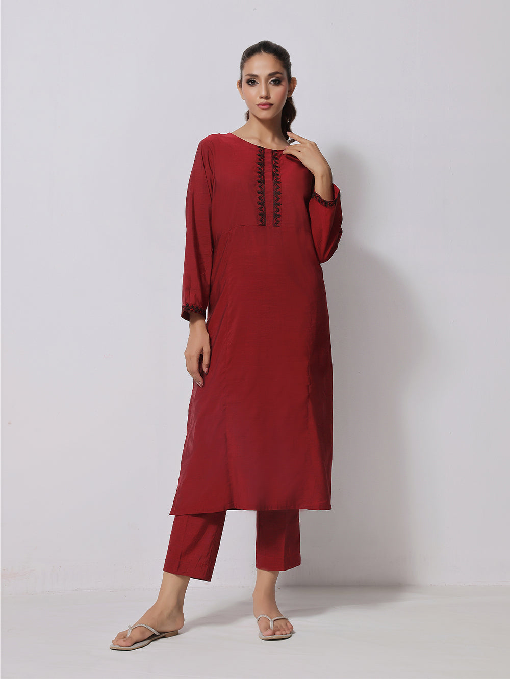 1Pc Embroidered Pret Kurti Yarn Dyed Red - OWEKTG-2306015-1