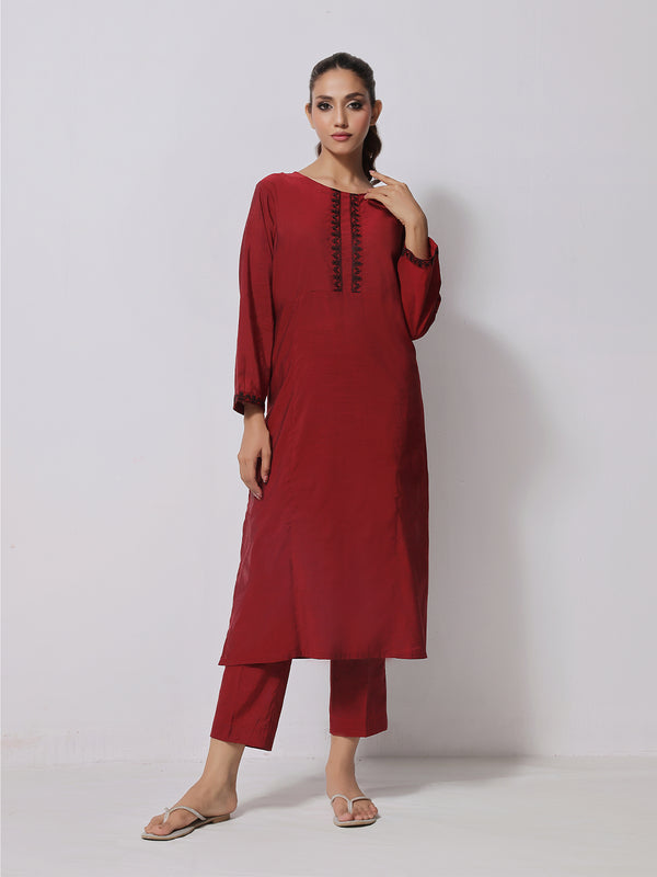 1Pc Embroidered Pret Kurti Yarn Dyed Red - OWEKTG-2306015-1
