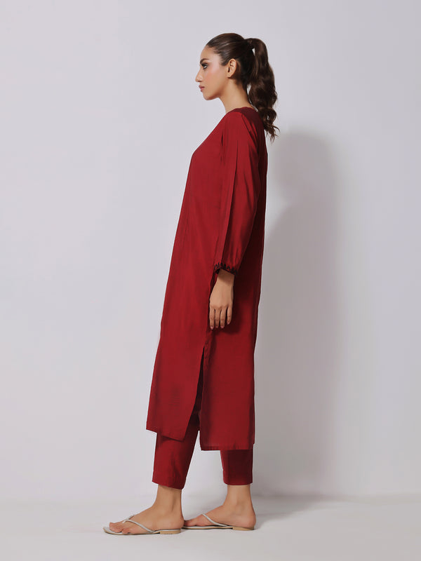 1Pc Embroidered Pret Kurti Yarn Dyed Red - OWEKTG-2306015-1