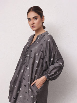 1Pc Embroidered Pret Kurti Yarn Dyed Grey - OWETPG-2306009