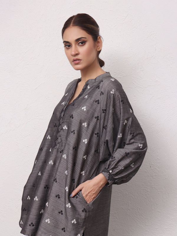 1Pc Embroidered Pret Kurti Yarn Dyed Grey - OWETPG-2306009