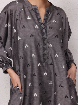 1Pc Embroidered Pret Kurti Yarn Dyed Grey - OWETPG-2306009