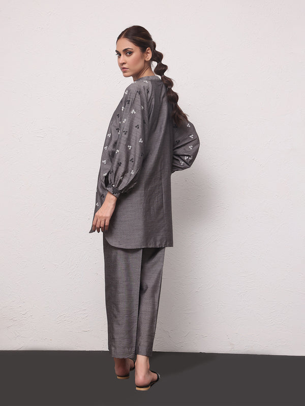 1Pc Embroidered Pret Kurti Yarn Dyed Grey - OWETPG-2306009