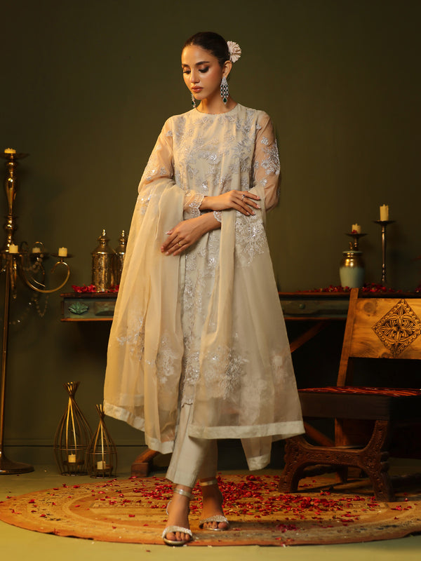 3Pc Embroidered Pret Suit Organza Grey - OWE3P-2406011