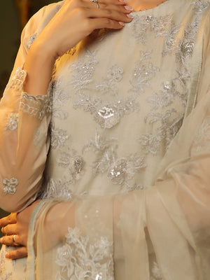 3Pc Embroidered Pret Suit Organza Grey - OWE3P-2406011