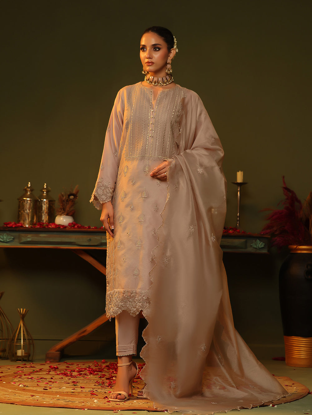 3Pc Embroidered Pret Suit Cotton Net Peach - OWE3P-2406012