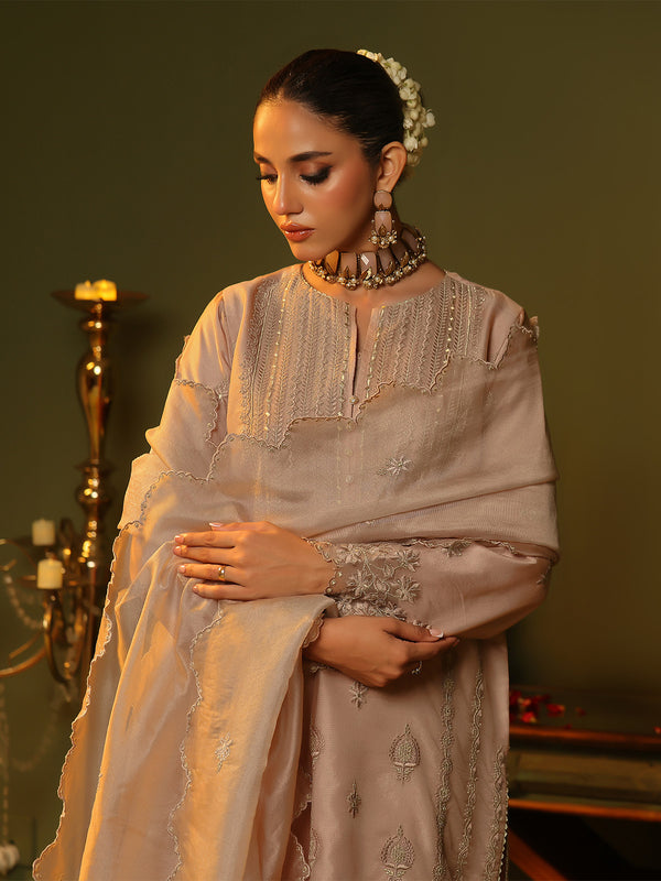 3Pc Embroidered Pret Suit Cotton Net Peach - OWE3P-2406012