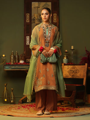 3Pc Embroidered Pret Suit Organza Orange - OWE3P-2406013