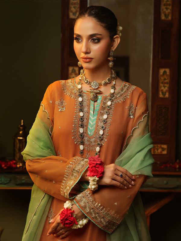 3Pc Embroidered Pret Suit Organza Orange - OWE3P-2406013