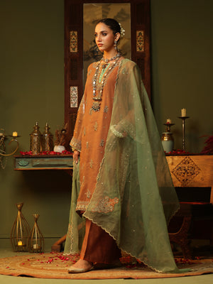 3Pc Embroidered Pret Suit Organza Orange - OWE3P-2406013