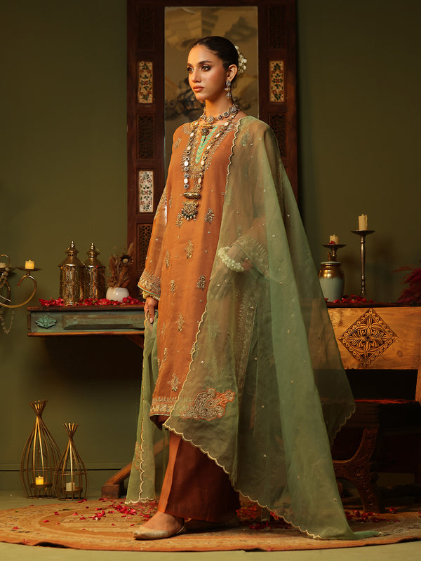 3Pc Embroidered Pret Suit Organza Orange - OWE3P-2406013