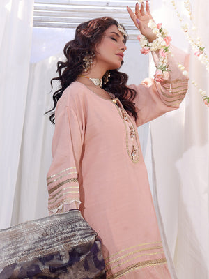 3Pc Formal Suit Pret Raw Silk Peach - OW3P-2207022