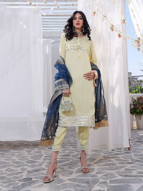 3Pc Formal Suit Pret Raw Silk Yellow - OW3P-2207024