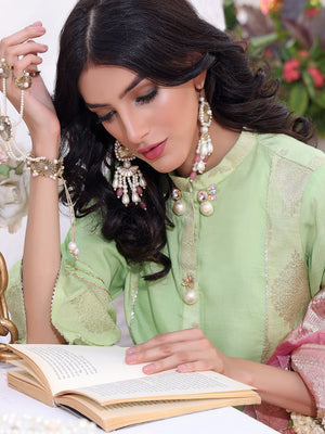 3Pc Formal Suit Pret Raw Silk Green - OW3P-2207025