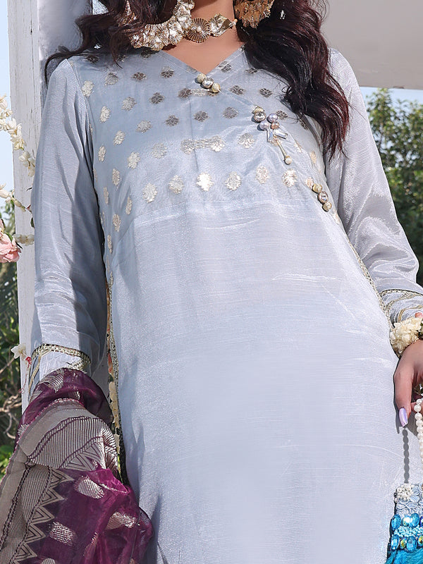 3Pc Formal Suit Pret Raw Silk Grey - OW3P-2207027