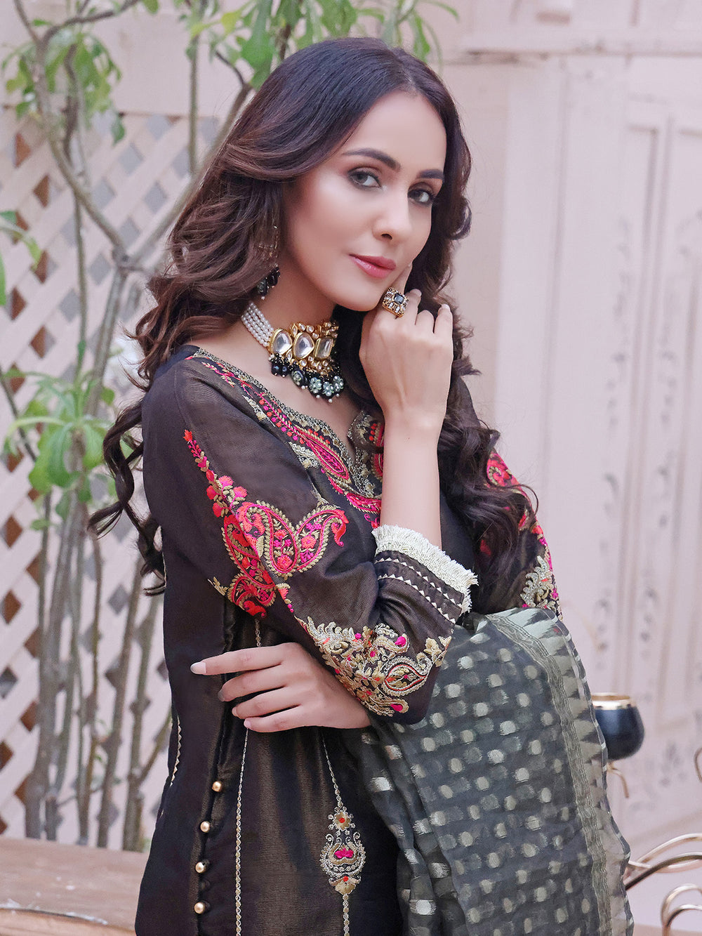 2Pc Embroidered Pret Shirt Dupatta Masoori Dark Brown - OWE2P-2209001