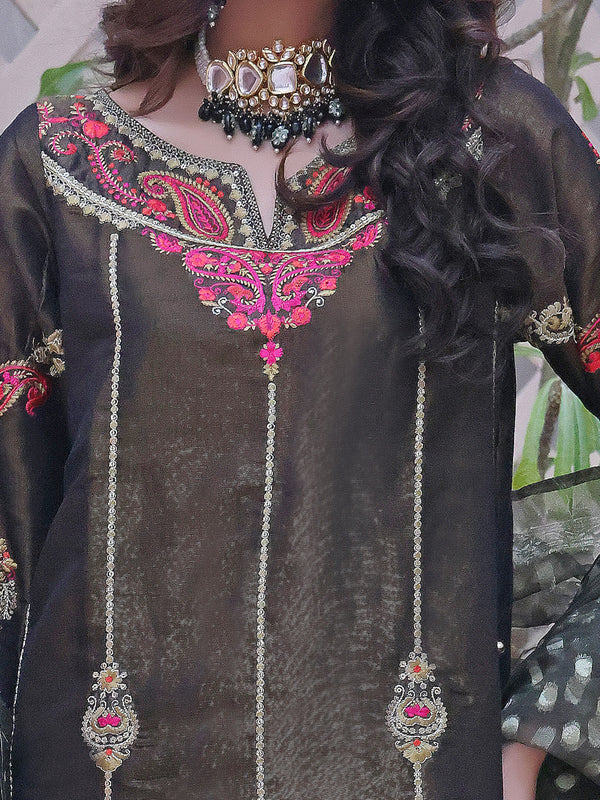 2Pc Embroidered Pret Shirt Dupatta Masoori Dark Brown - OWE2P-2209001