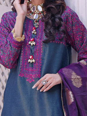 2Pc Embroidered Pret Shirt Dupatta Masoori Navy Blue - OWE2P-2209002