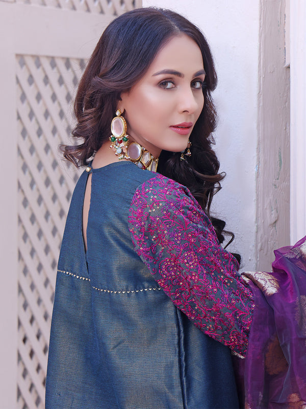 2Pc Embroidered Pret Shirt Dupatta Masoori Navy Blue - OWE2P-2209002