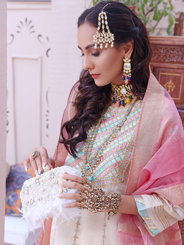 2Pc Embroidered Pret Shirt Dupatta Masoori Beige - OWE2P-2209005