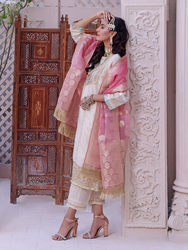 2Pc Embroidered Pret Shirt Dupatta Masoori Beige - OWE2P-2209005