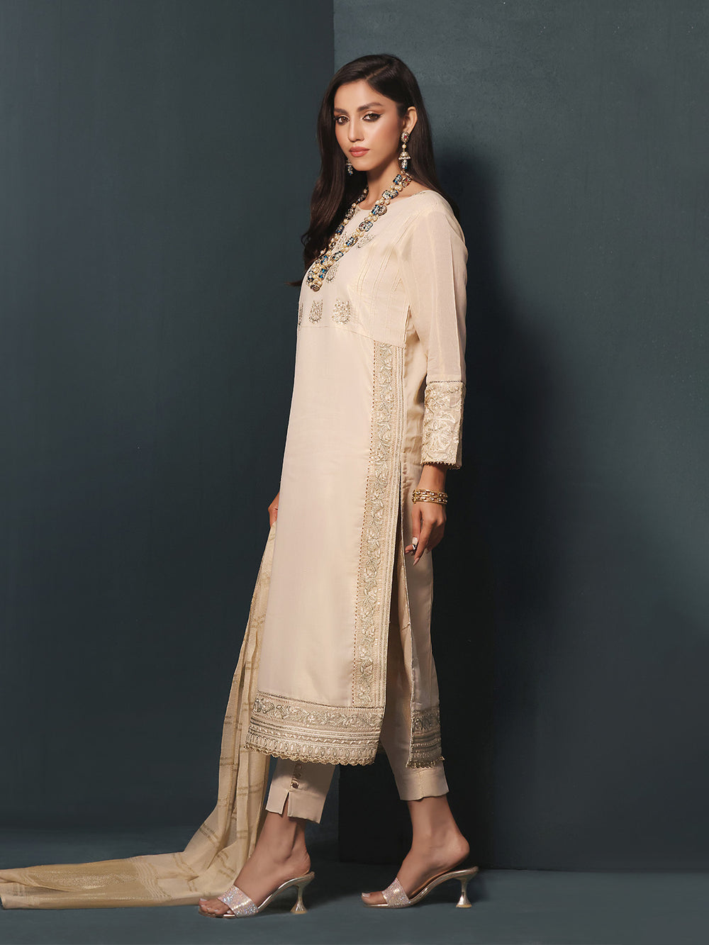 2Pc Embroidered Pret Shirt Dupatta Masoori Golden - OWE2P-2211007