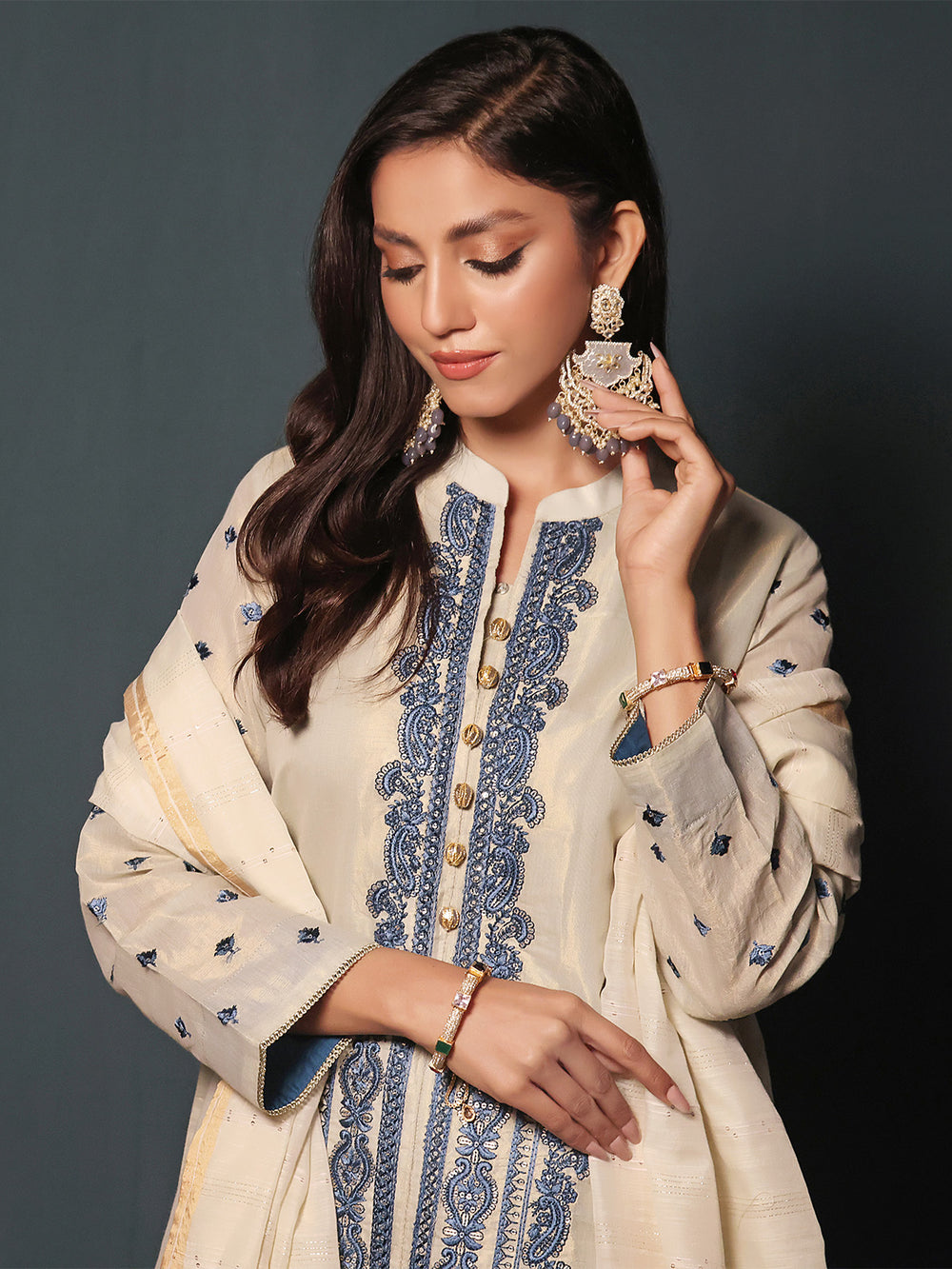 2Pc Embroidered Pret Shirt Dupatta Masoori Light Green - OWE2P-2211011