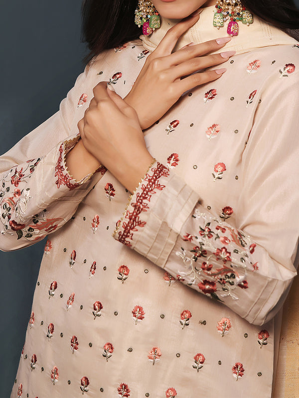 2Pc Embroidered Pret Shirt Dupatta Masoori Beige - OWE2P-2211013