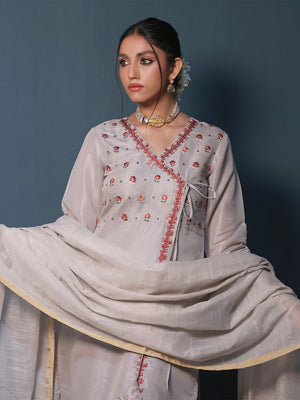 2Pc Embroidered Pret Shirt Dupatta Masoori Grey Silver - OWE2P-2211014