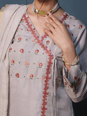 2Pc Embroidered Pret Shirt Dupatta Masoori Grey Silver - OWE2P-2211014