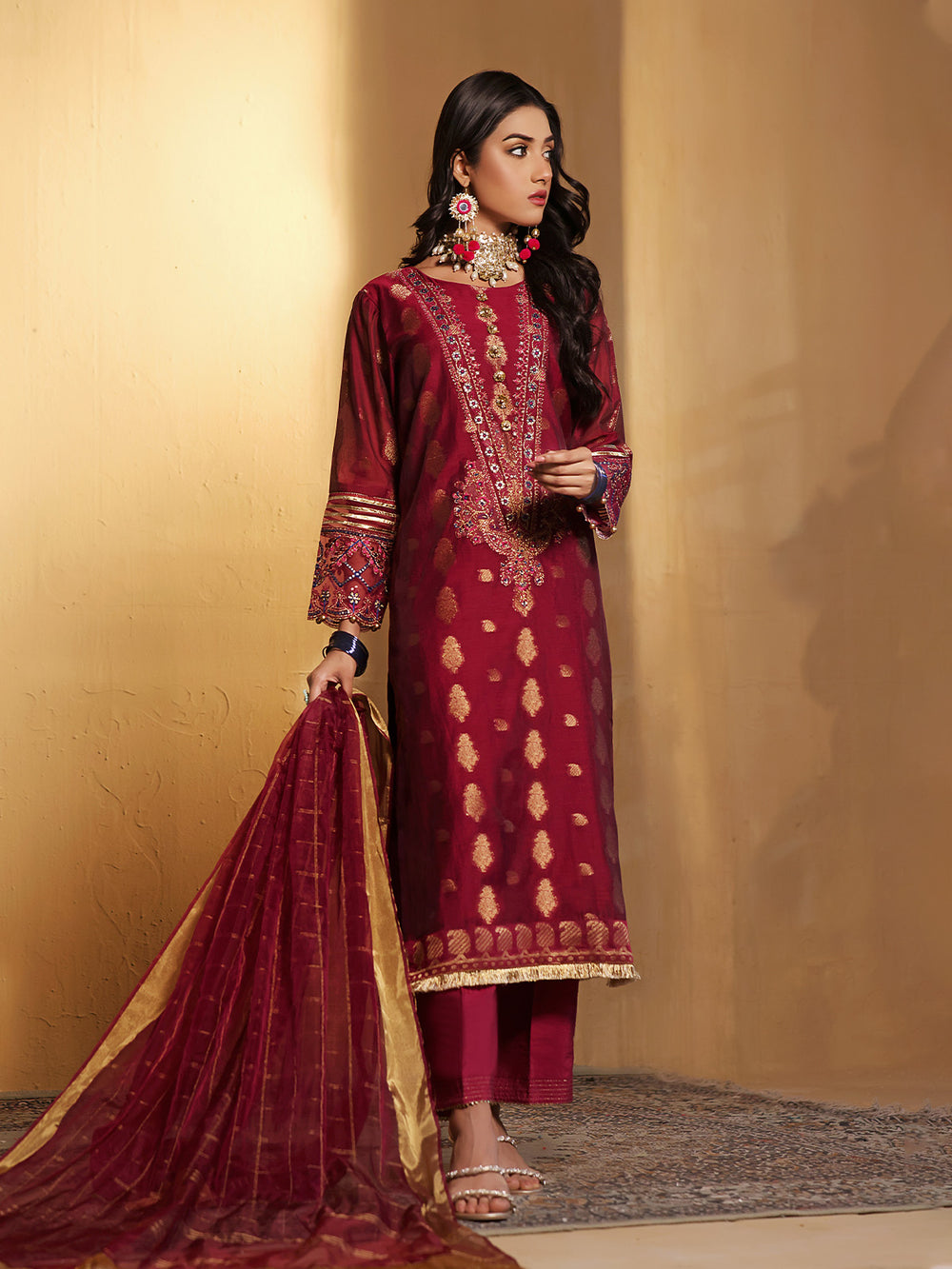 2Pc Embroidered Pret Shirt Dupatta Jacquard Magenta - OWE2P-2303004