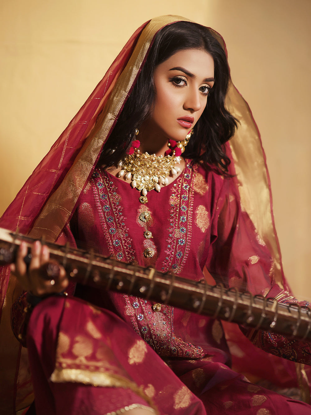 2Pc Embroidered Pret Shirt Dupatta Jacquard Magenta - OWE2P-2303004