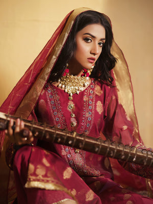 2Pc Embroidered Pret Shirt Dupatta Jacquard Magenta - OWE2P-2303004