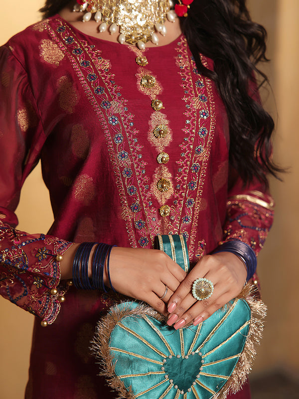 2Pc Embroidered Pret Shirt Dupatta Jacquard Magenta - OWE2P-2303004