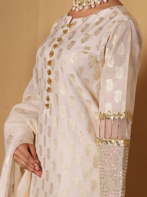 3Pc Embroidered Suit Pret Jacquard Cream - OWE3P-2303001
