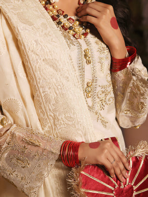 3Pc Embroidered Suit Pret Jacquard Cream - OWE3P-2303002