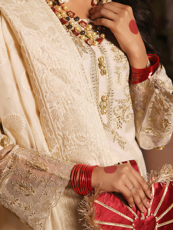 3Pc Embroidered Suit Pret Jacquard Cream - OWE3P-2303002