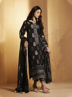 3Pc Embroidered Suit Pret Jacquard Black - OWE3P-2303003