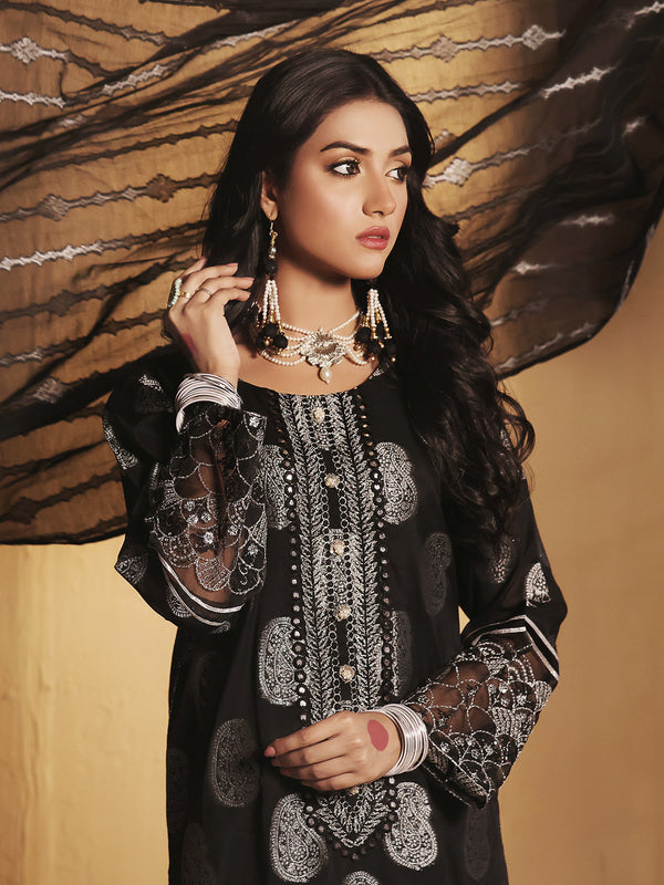 3Pc Embroidered Suit Pret Jacquard Black - OWE3P-2303003
